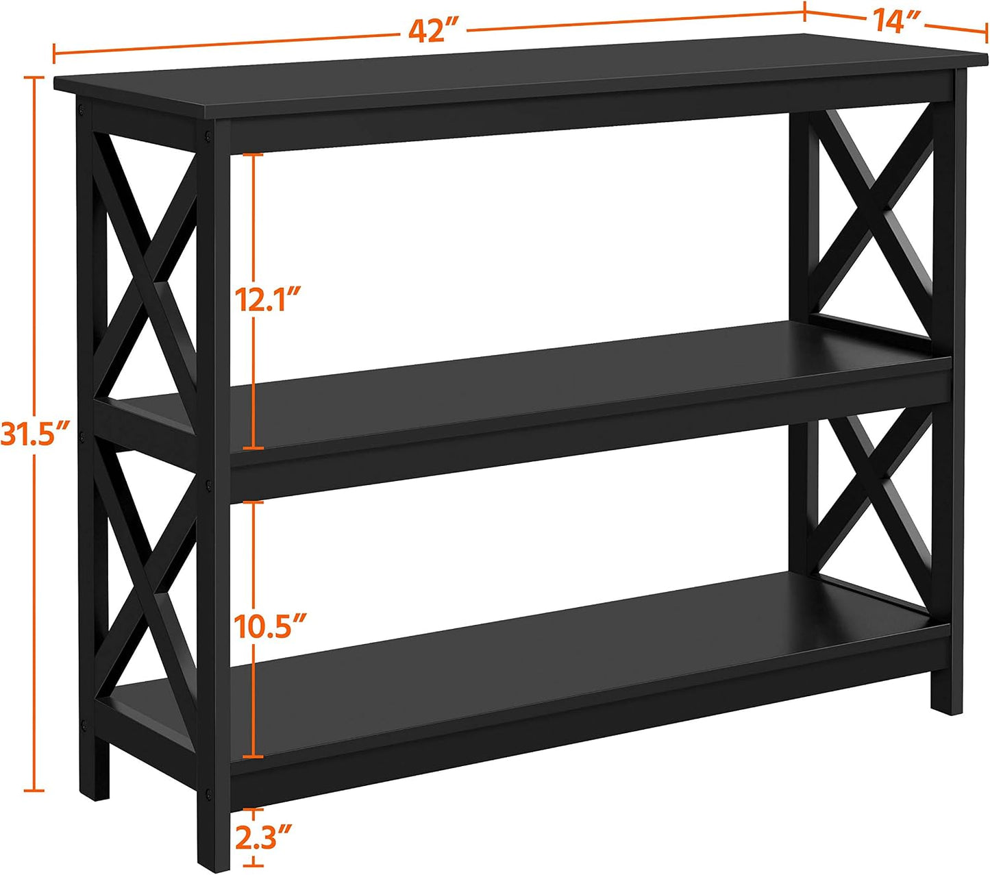 42" L Black Console Table 3-Tier Narrow X-Design Storage Shelves