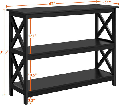 42" L Black Console Table 3-Tier Narrow X-Design Storage Shelves
