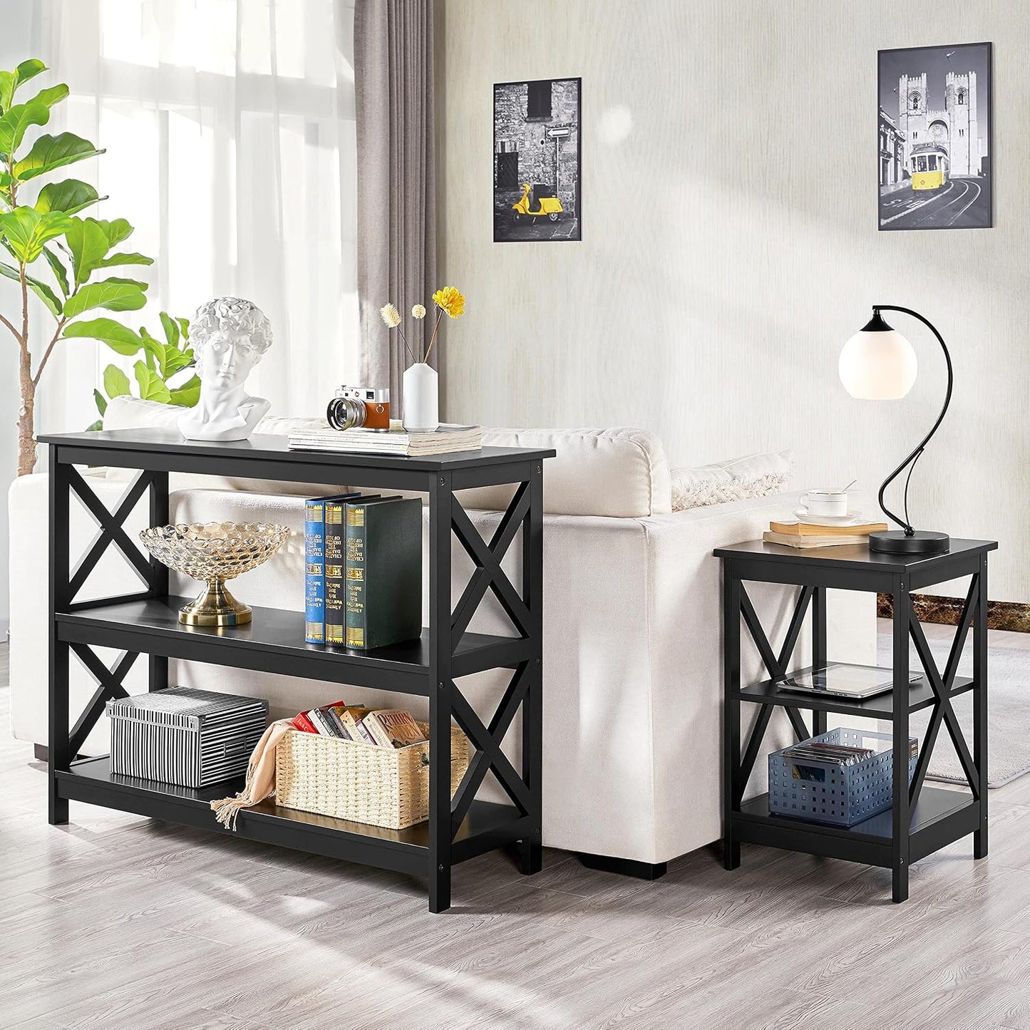 42" L Black Console Table 3-Tier Narrow X-Design Storage Shelves