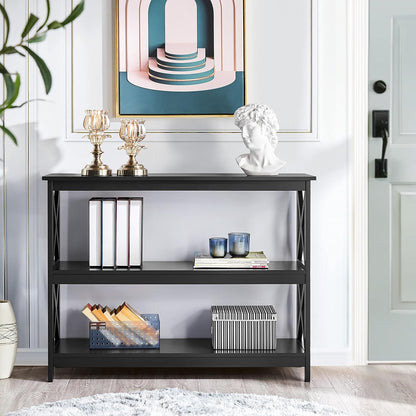 42" L Black Console Table 3-Tier Narrow X-Design Storage Shelves