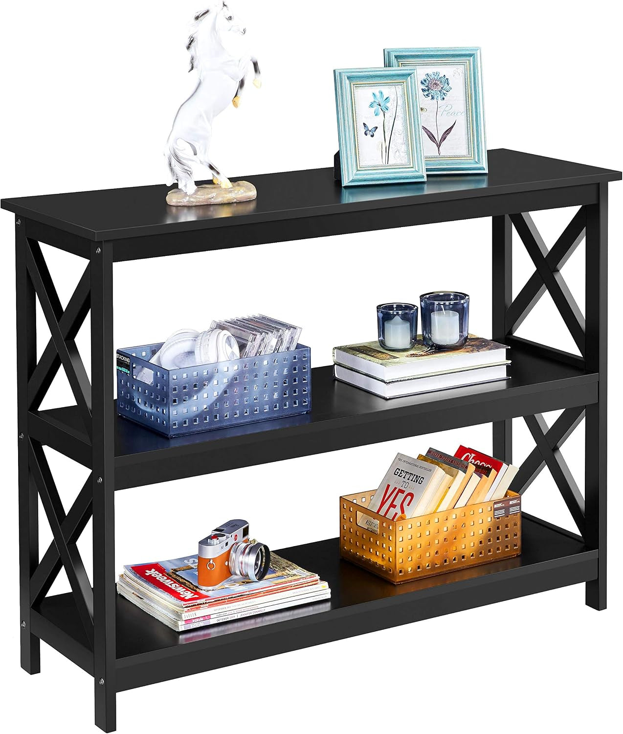 42" L Black Console Table 3-Tier Narrow X-Design Storage Shelves