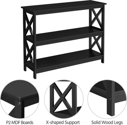 42" L Black Console Table 3-Tier Narrow X-Design Storage Shelves