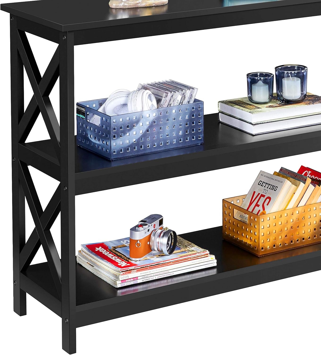 42" L Black Console Table 3-Tier Narrow X-Design Storage Shelves