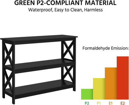 42" L Black Console Table 3-Tier Narrow X-Design Storage Shelves