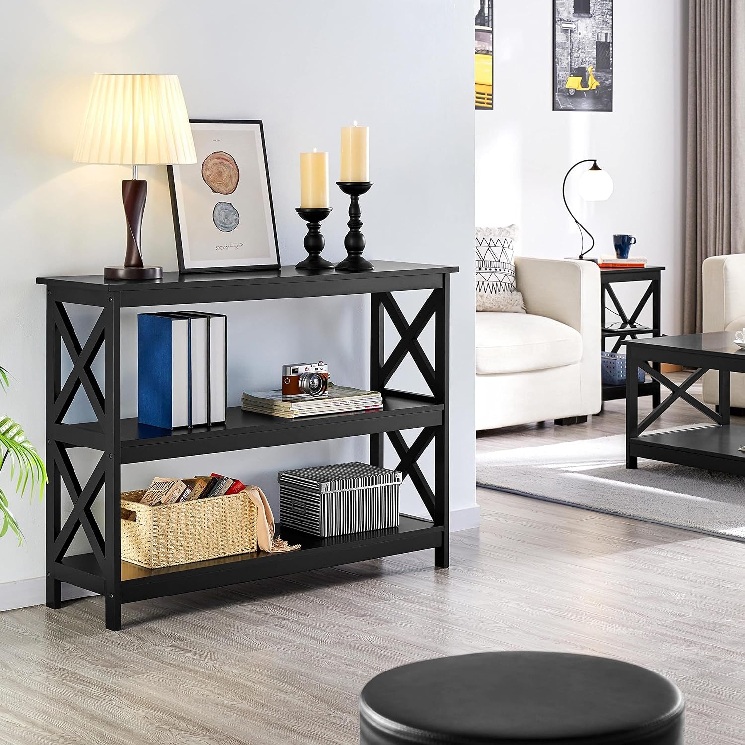 42" L Black Console Table 3-Tier Narrow X-Design Storage Shelves
