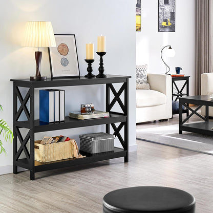 42" L Black Console Table 3-Tier Narrow X-Design Storage Shelves